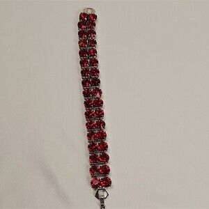 Vintage Ruby Red Rhinestone Tennis Bracelet Double Row Silver Tone